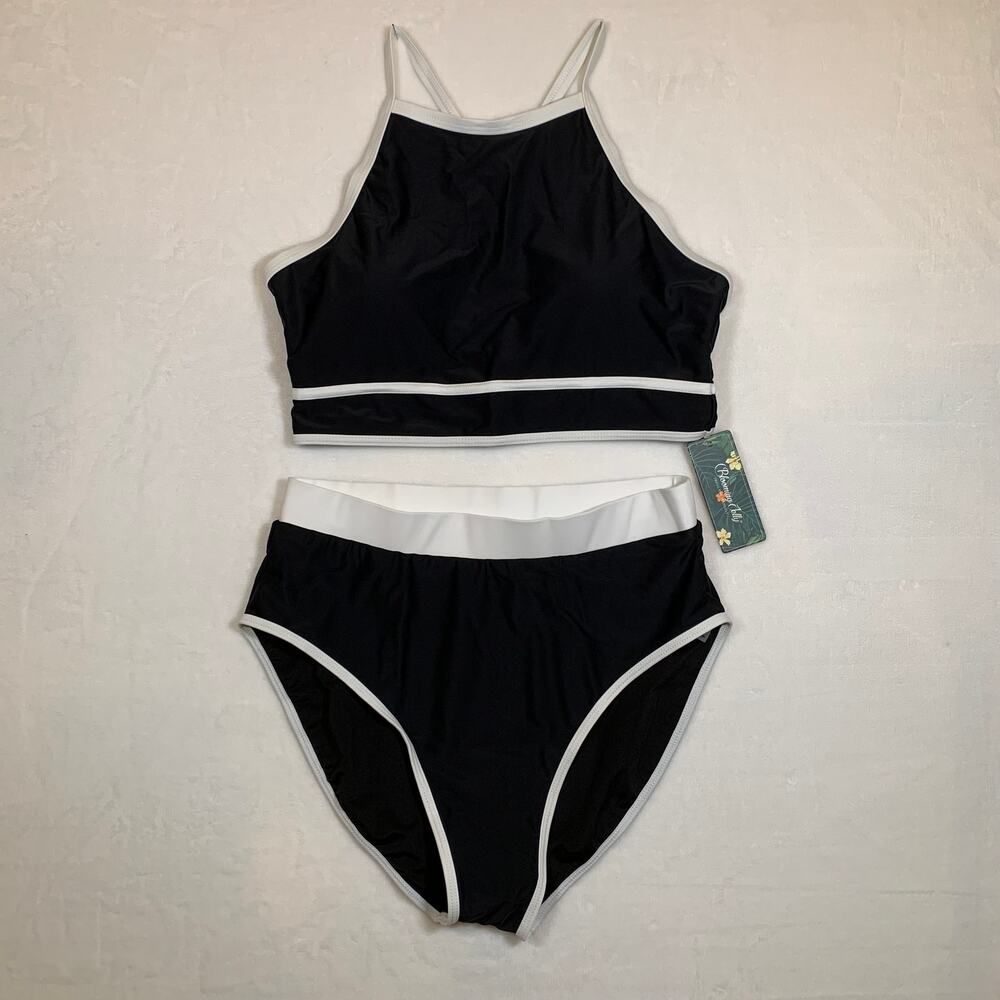 NWT Blooming Jelly Black White Colorblock High Neck Bikini Set Size Large